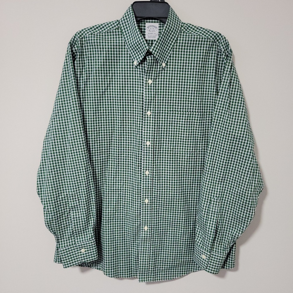 Brooks Brothers Regent Fit Button Down Shirt Mens L 16-34 Green Gingham Non-Iron
